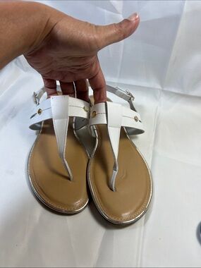 Women's White T-Strap Leather Sandals with Gold Accents